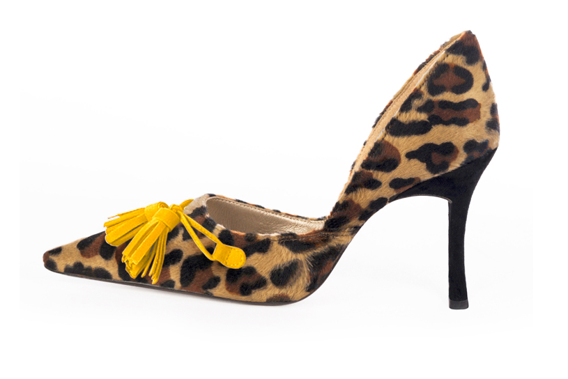 Safari black and yellow women's open arch dress pumps. Pointed toe. Very high slim heel. Profile view - Florence KOOIJMAN